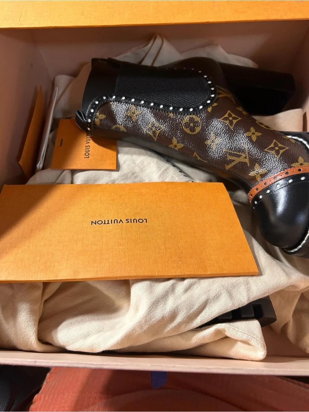 Louis Vuitton Monogram Chelsea Lug-Heel Boot in Black and Brown with Orange Trim